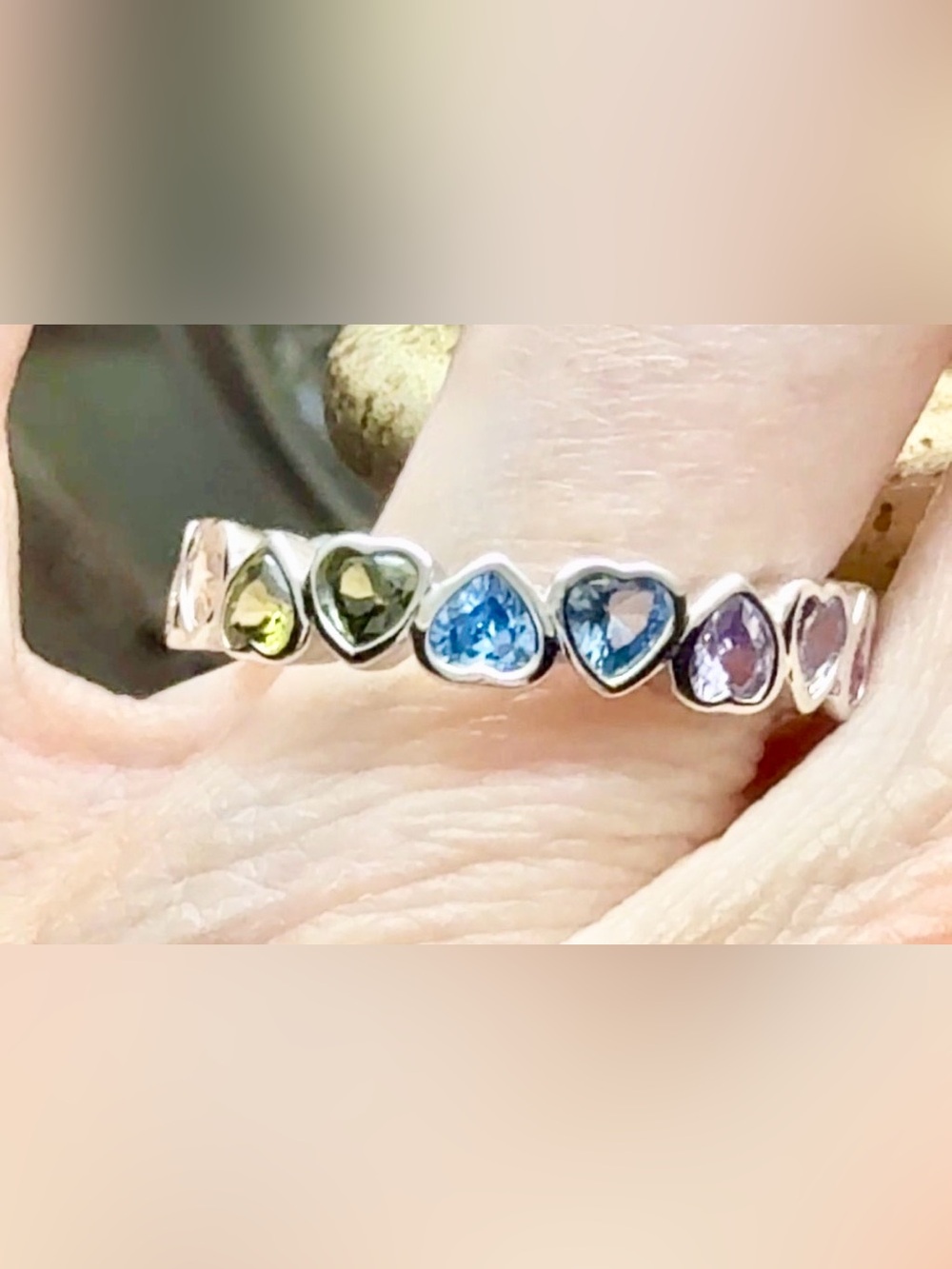 925 Sterling Silver Multi-Heart Gemstone Ring in Pink, Red & Champagne NEW